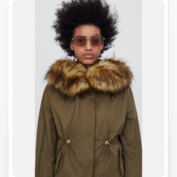 NWOT 🏷*** ZARA Khaki Faux Fur Hooded Short Parka - Picture 2 of 9